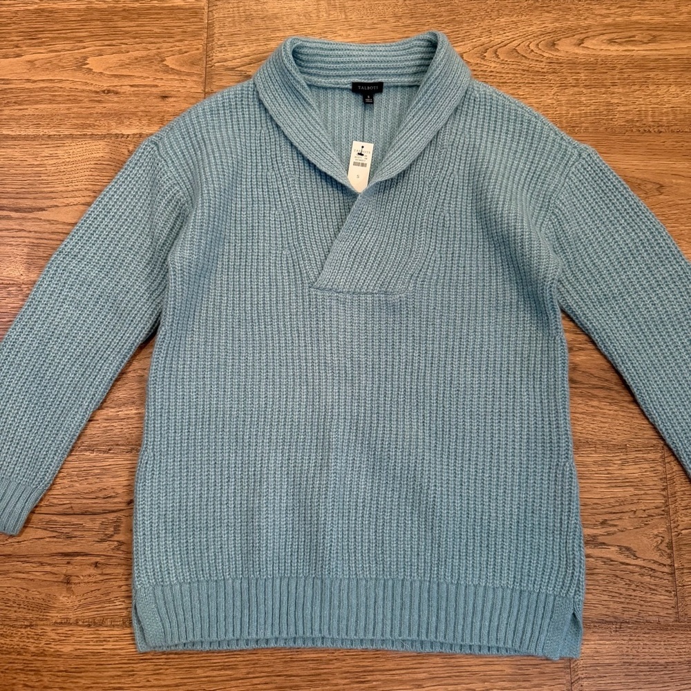 Nwt Talbots Shawl Collar Shaker Stitch Sweater Pullover Wool Blend Blue Small